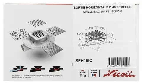 Kit grille inox pour siphon PMR faible hauteur Magnetech®, à sortie horizontale, revêtement carrelage