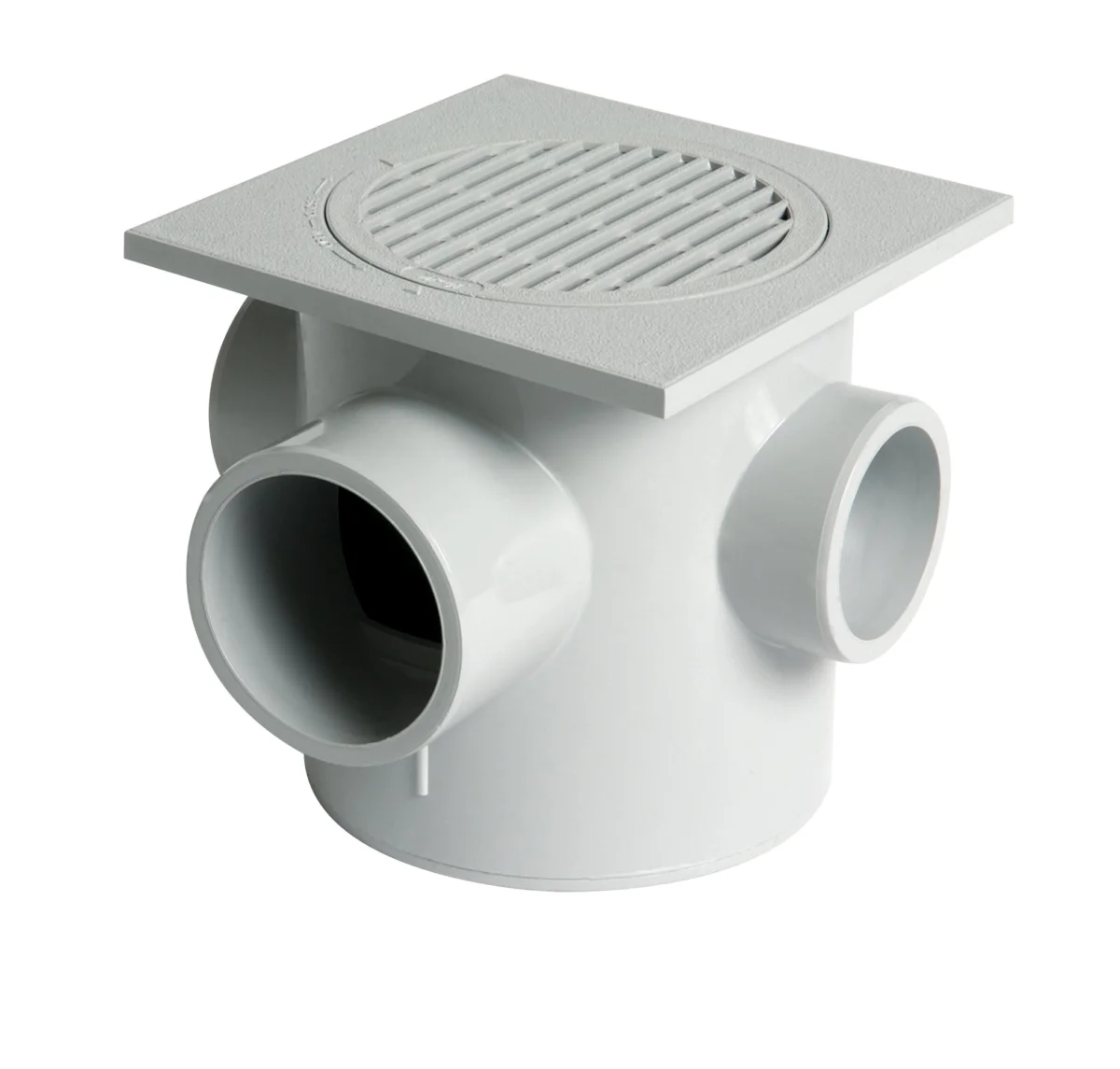 Siphon de sol avec platine orientable 150 x 150 avec entrées multiples Ø 50/50/50/63