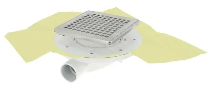Siphon faible hauteur Ø 40 mm, débit 0,6 l/s, réhausse 15 x 15 ajustable, avec clapet magnétique, grille verrouillée